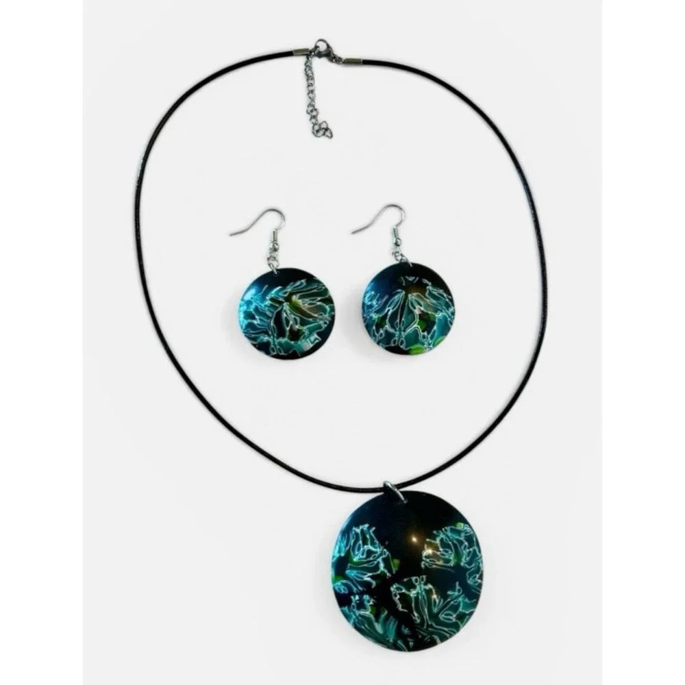 Handmade Blue & Black Abstract Floral Polymer Clay Pendant Necklace Earring Set